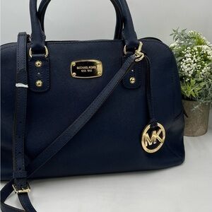 Michael Kors Large Blue Crossgrain Leather‎ Cindy Satchel Top Handle Shoulder
